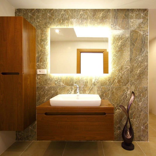 Bathroom mirror edged with warm white LED tape