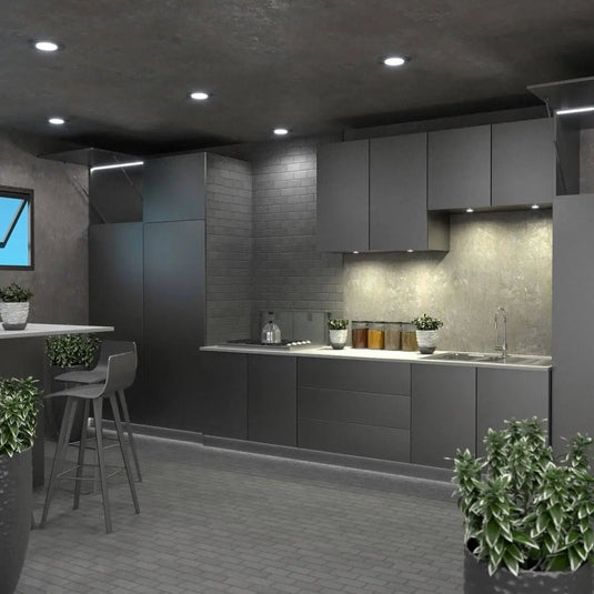 Recessed LED Under-Cabinet Light kitchen setting full view in warm white light