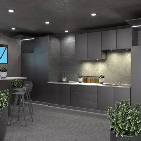 Kitchen with recessed type led cabinet light with warm white lights