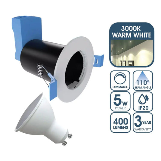 Fire Rated Downlight, GU10, Fixed - White Finish in Dimmable Warm White Light