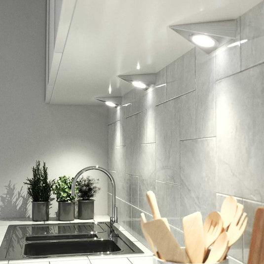 kitchen cabinet with triangle under cabinet lights in natural white light