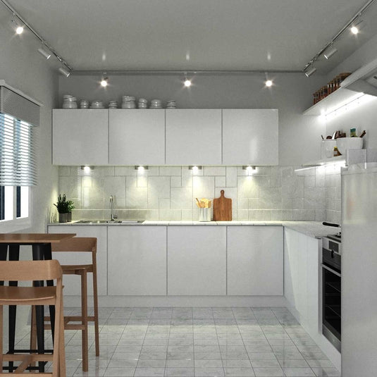 full shot of mounted under cabinet lights with warm white lights