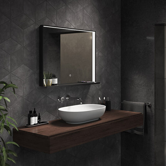 LED mirror with built-in shelf and QI charger in a bathroom