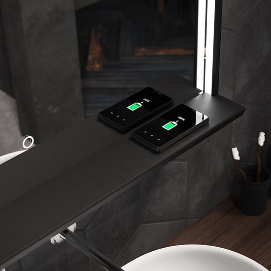 phone charging on a LED mirror with built-in shelf and QI charger