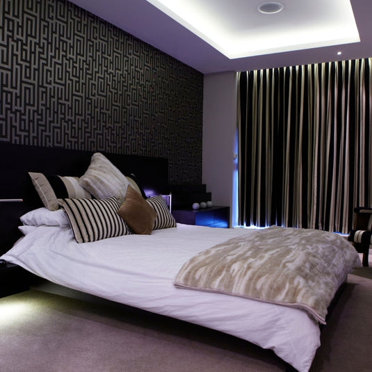 bedroom with cool white LED strip lights