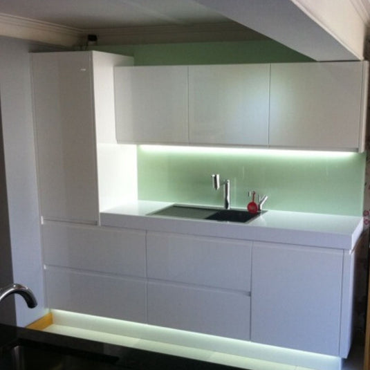 kitchen counter with cool white LED strip lights