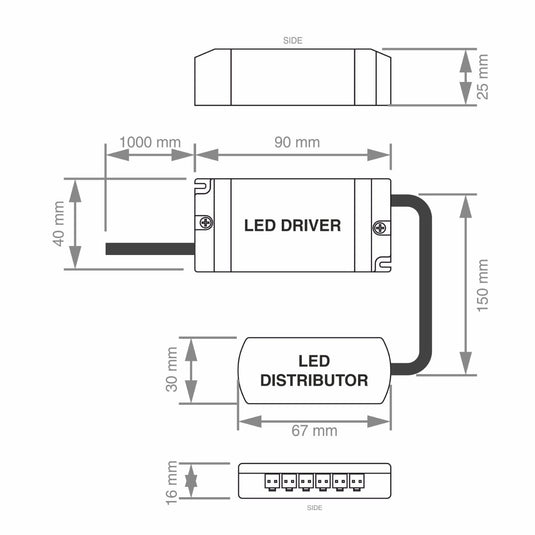 Diagram with the measurements of an LED driver with 6-way distributor