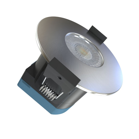 fire-rated downlight in brushed chrome