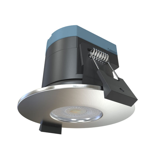 fire-rated downlight in brushed chrome positioned downward