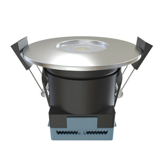 fire-rated downlight in brushed chrome positioned upward