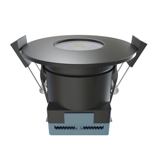 side view of a fire rated downlight with a black bezel