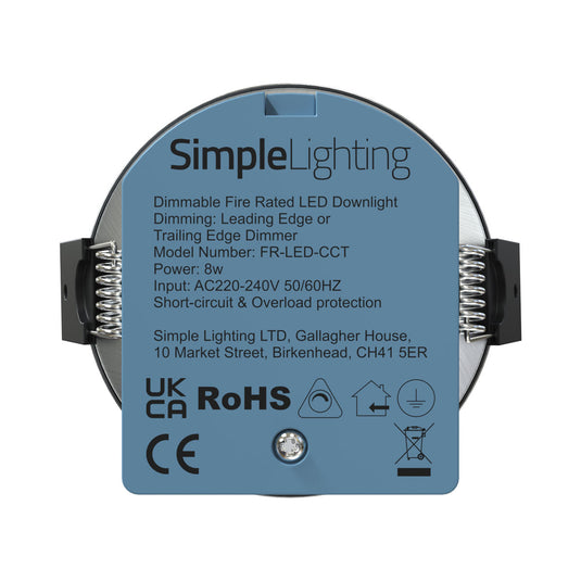 dimmable fire-rated downlight in brushed chrome