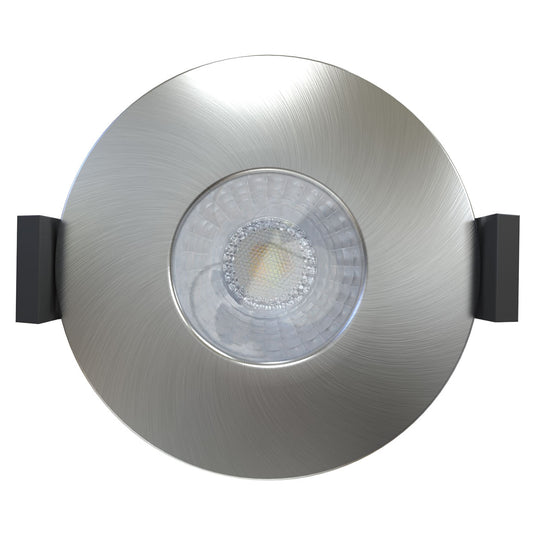 top view of a fire-rated downlight in brushed chrome