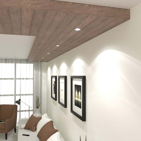 Fire rated downlights with a natural white light installed in a wood ceiling