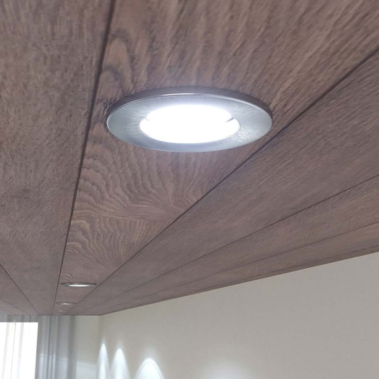 Fire rate downlight in brushed chrome with cool white light