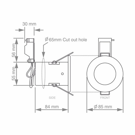 Diagram of the dimensions of a fire rated downlight