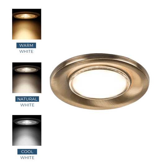 antique brass LED downlight with LED colour choices