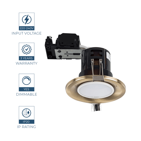 antique brass LED downlight with tech specs