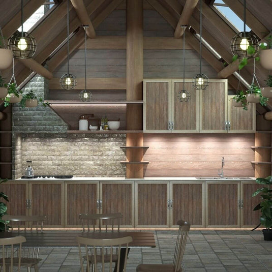 rustic kitchen with recessed under cabinet light in natural white light