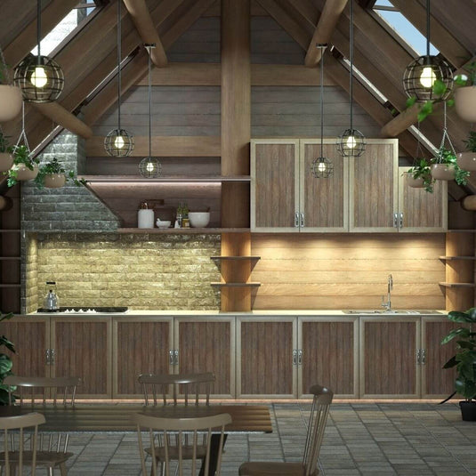 rustic kitchen with recessed under cabinet light in warm white light