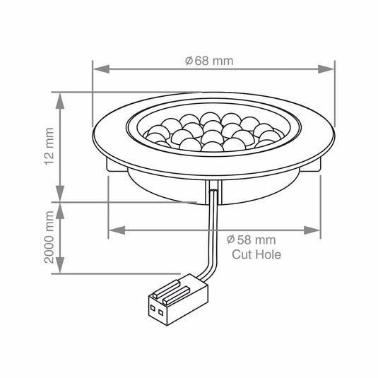 Diagram of an under cupboard light in brush chrome with dimensions