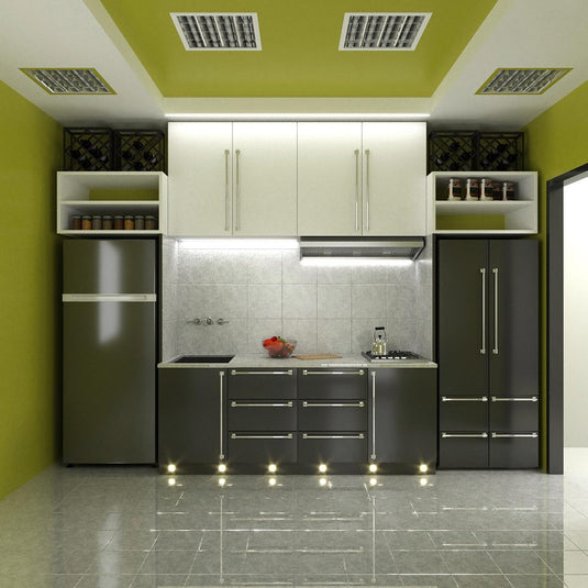 kitchen with square LED plinth lights in warm white light on a kickboard