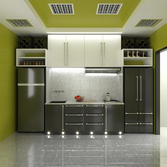 kitchen with square LED plinth lights in natural white light on a kickboard