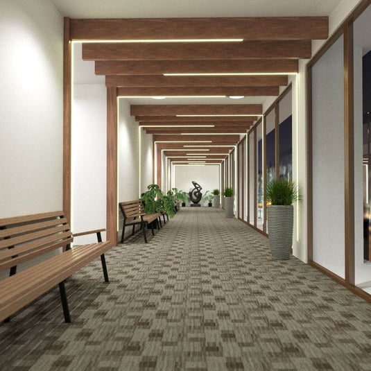 Hallway with LED strips and wooden benches