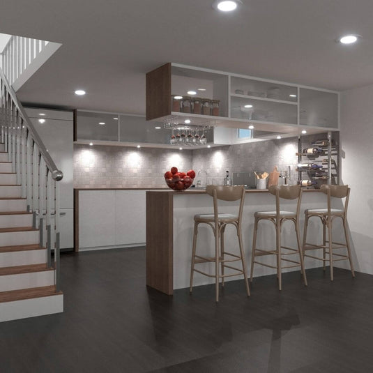 kitchen with cool white light under cabinet lights