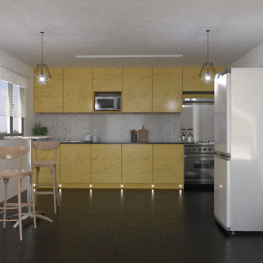 LED plinth lights in a kitchen with yellow cabinets