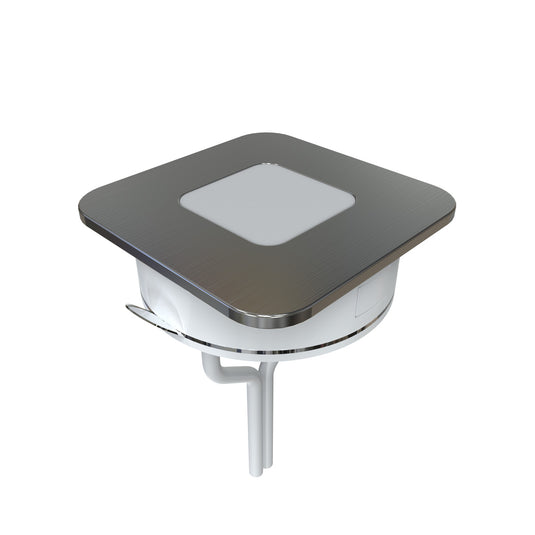 tilted view of an LED plinth light in brushed chrome