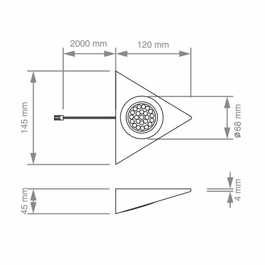 diagram of a triangle under cabinet light with dimensions