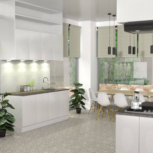 kitchen with white cabinets and cream blinds