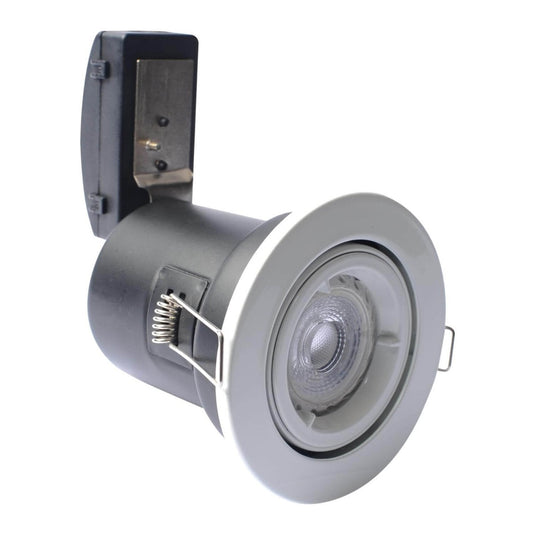 white tilt fire-rated downlight with bulb