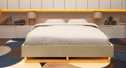 Bedroom with amber strip lights