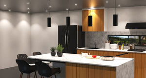 kitchen with black pendant lights