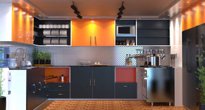 kitchen with orange cabinets