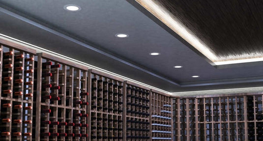 A wine room illuminated by LED downlights.