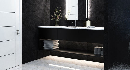 bathroom with warm white plinth lights