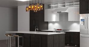 kitchen with plinths, pendants and under cabinet lights