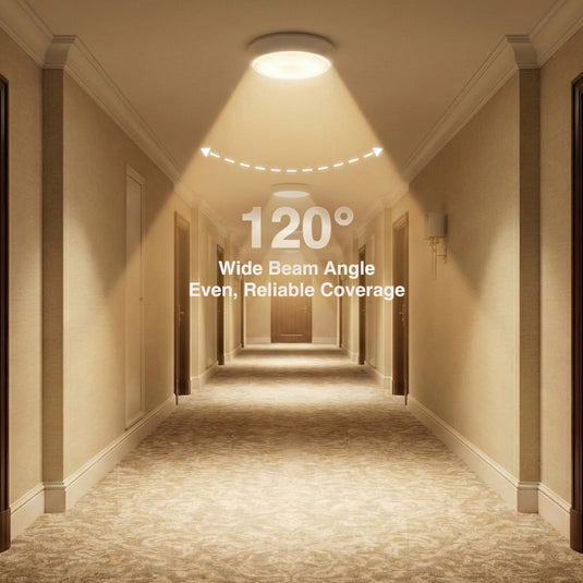 Hallway lit by the bulkhead's 120° beam