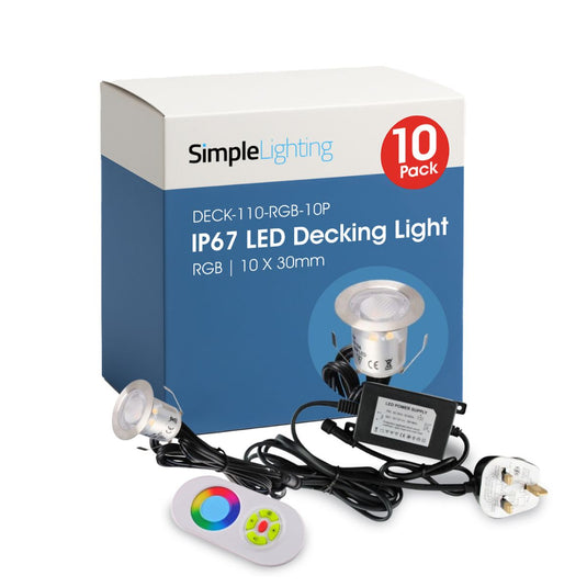 Pack of 10 RGB 30mm LED decking lights with driver and controller