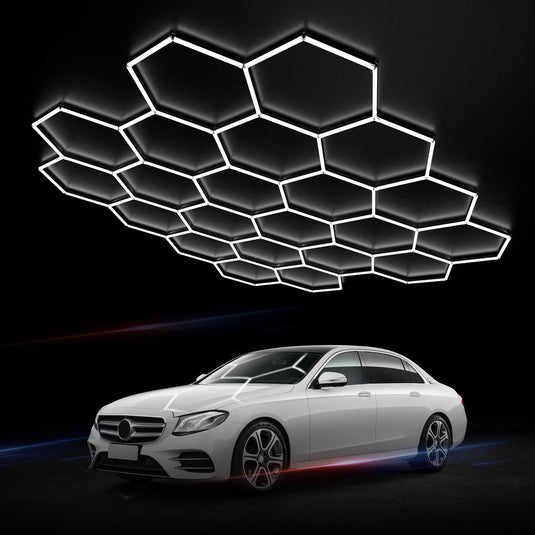 Hexagon LED kit lit above a white sports car