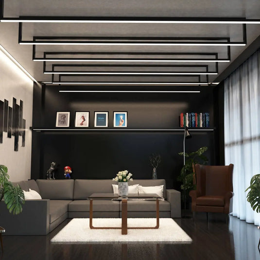 Black Aluminium Profiles, With Cover and End Caps Recessed mounted on ceiling living room full view shot