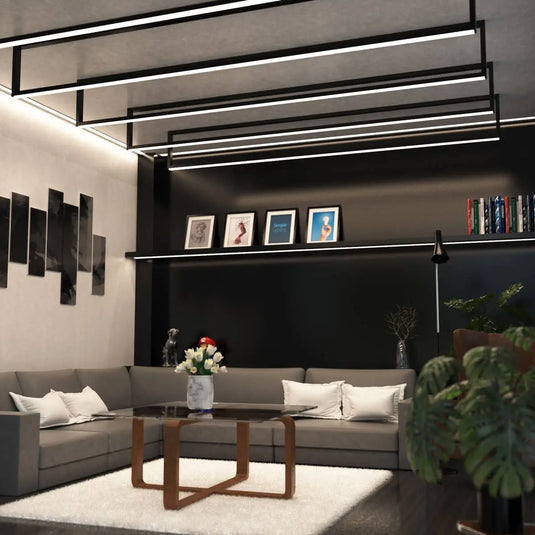 Black Aluminium Profiles, With Cover and End Caps Recessed mounted on ceiling living room setting