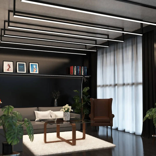 Black Aluminium Profiles, Recessed With Cover and End Caps mounted on ceiling living room setting