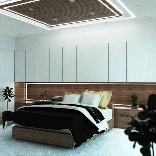 Black Aluminium Surface Mounted Profiles bedroom setting ceiling and headboard accent light