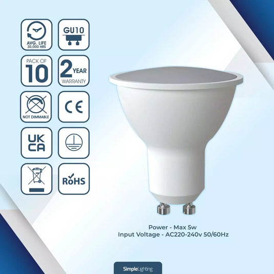 10 x 5w GU10 LED Bulbs features