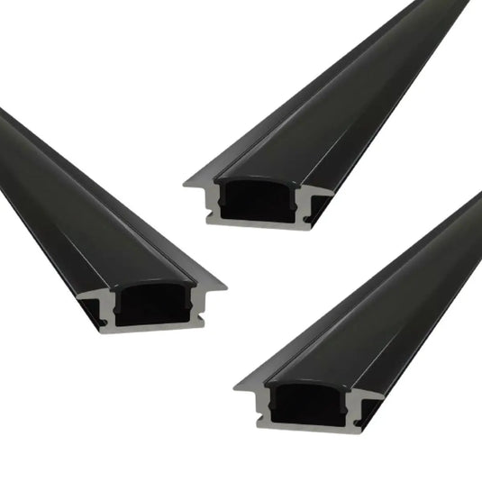 Pack of 3 Black Aluminium Profiles, Recessed With Cover and End Caps