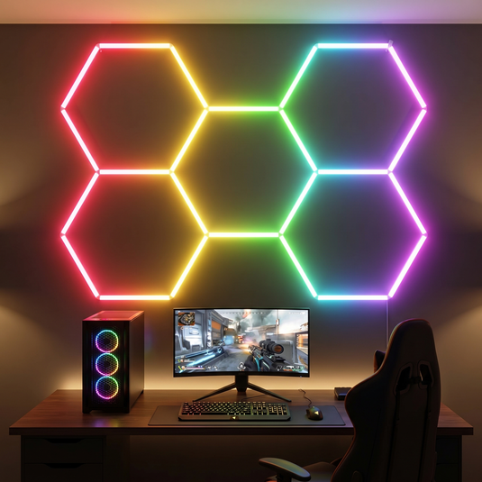 RGB hexagon LED kit in a gaming room setup